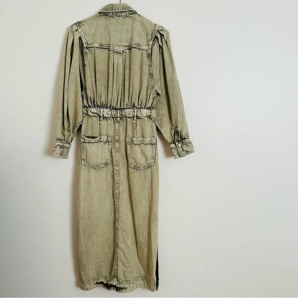 Free People Sage Denim Midi Dress Light Khaki Long Sleeve